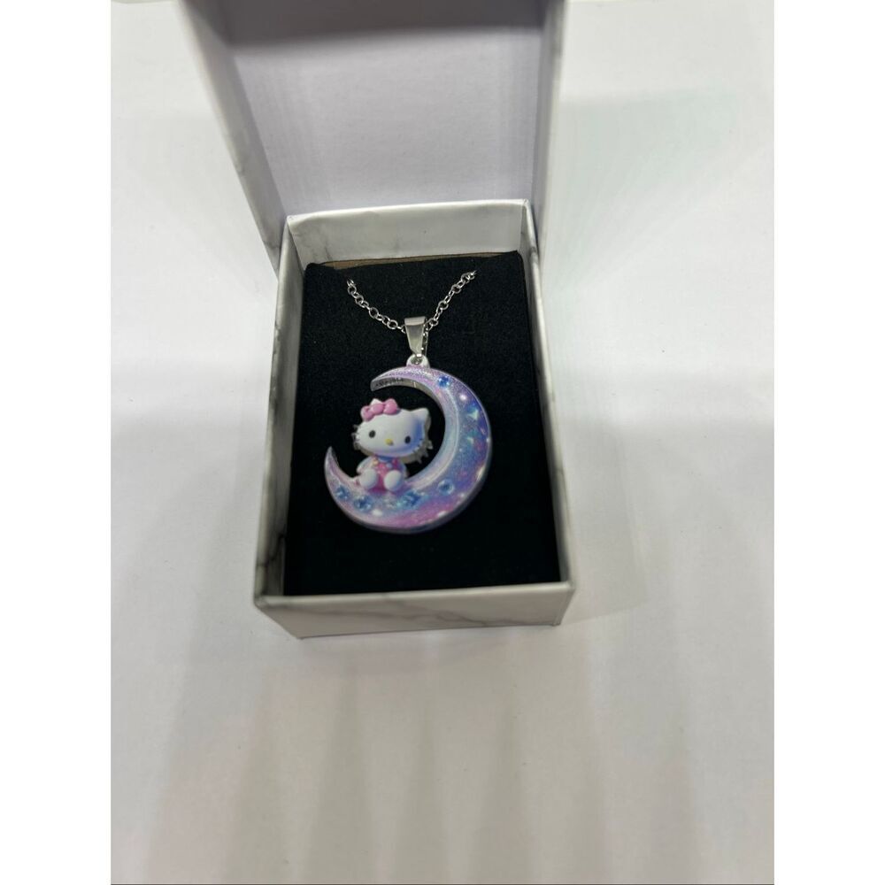 Hello Kitty Moon Necklace Iridescent Kawaii Pendant Adjustable Chain Cute Gift